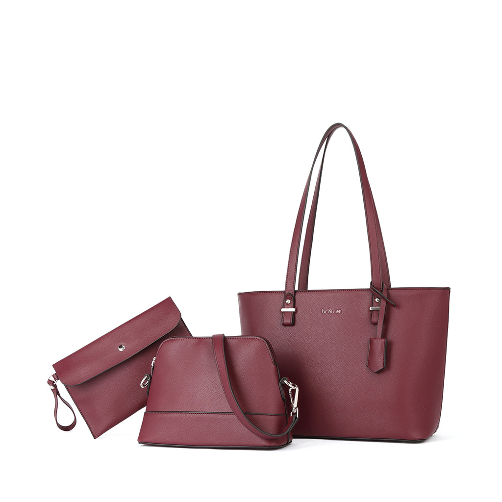 BROMEN Tote Purses for Women Designer Leather Handbag Shoulder Satchel Bag 3pcs Set, Color - Fuchsia