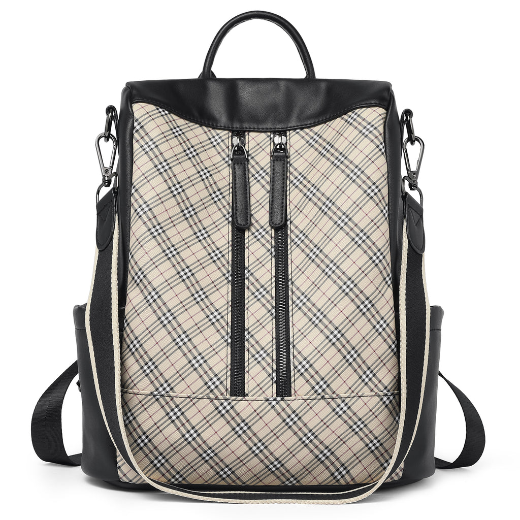 BROMEN Women Backpack Purse Leather Anti-theft Travel Backpack Fashion Shoulder Handbag Apricot Plaid