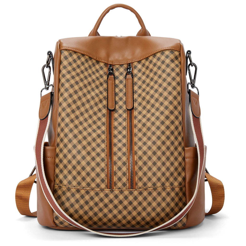 BROMEN Women Backpack Purse Leather Plaid Brown