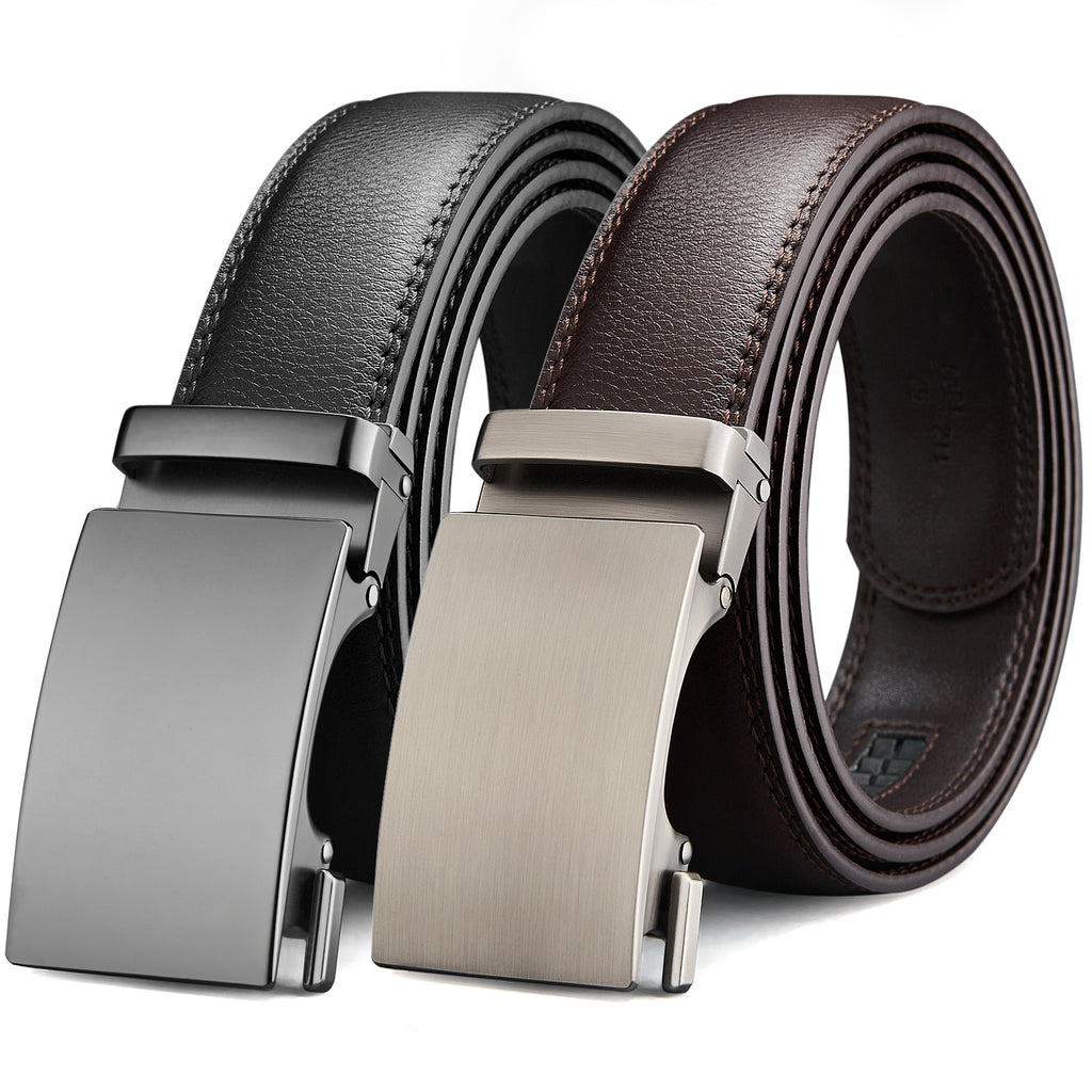 Men's Ratchet Dress Belts 2 Packs, Genuine Leather Belts for Men with Click Sliding Bunkle, Trim to Fit