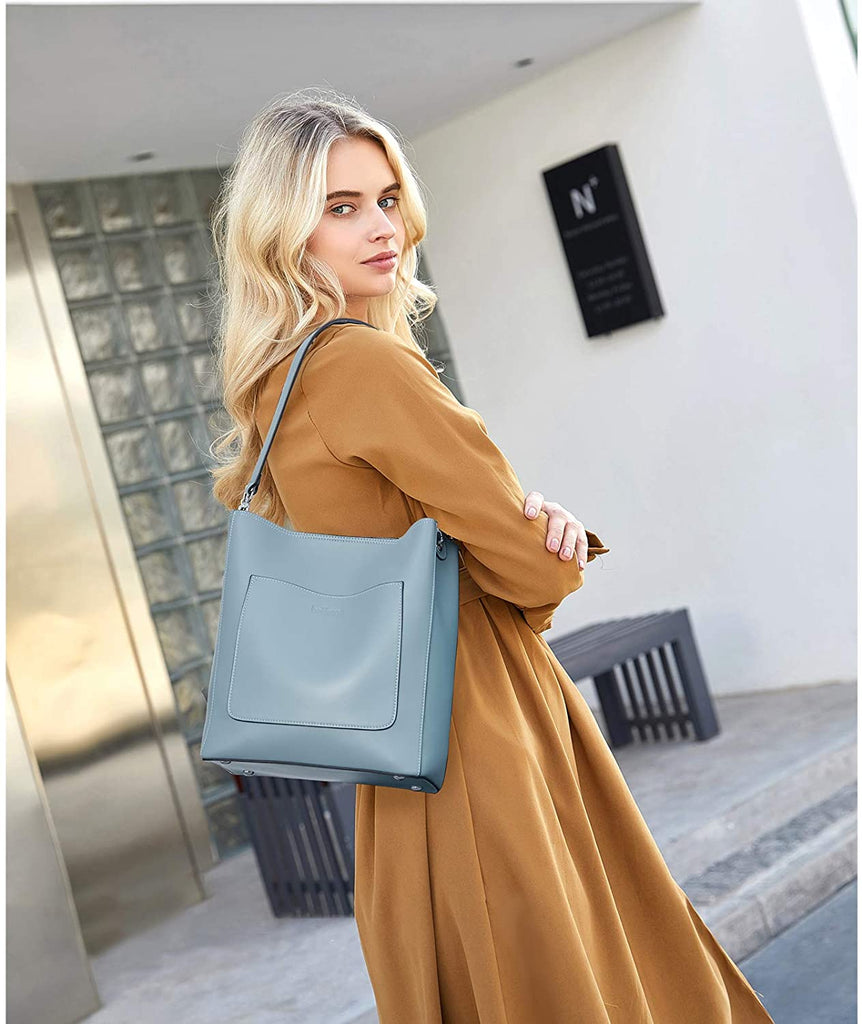 Women Handbag Designer Vegan Leather Hobo Handbags Shoulder Bucket Crossbody  Purse, Color - light Blue