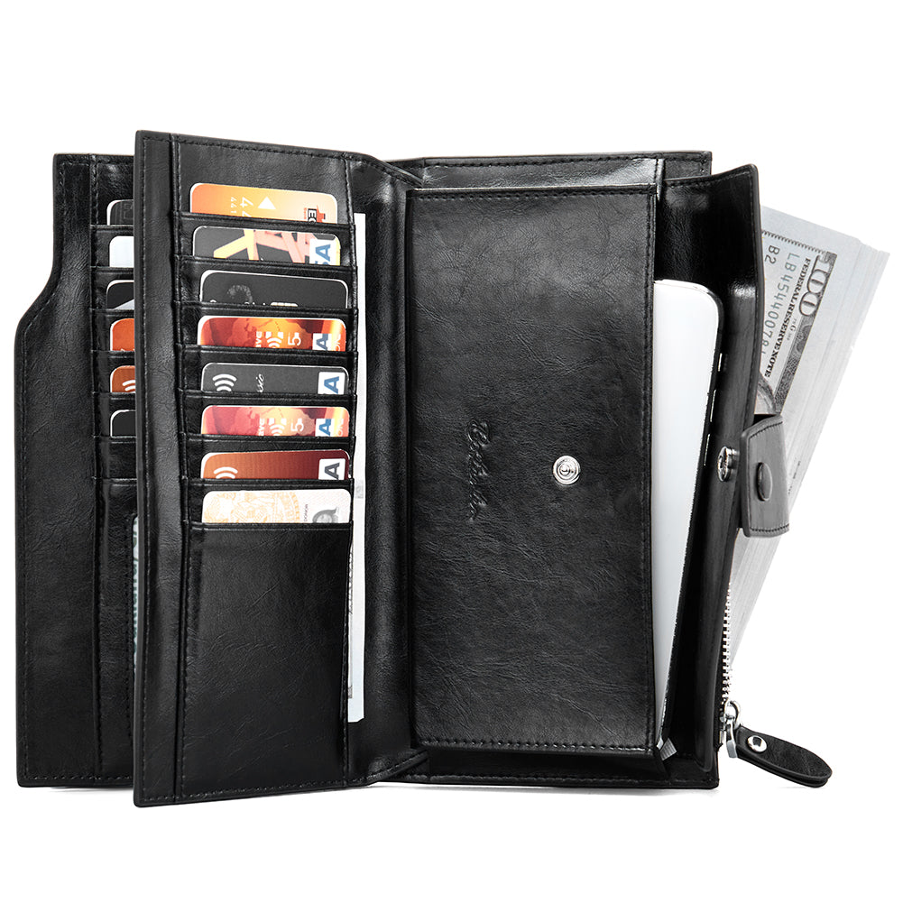 Oil Wax Genuine Leather Checkbook Wallet with Zipper Pocket