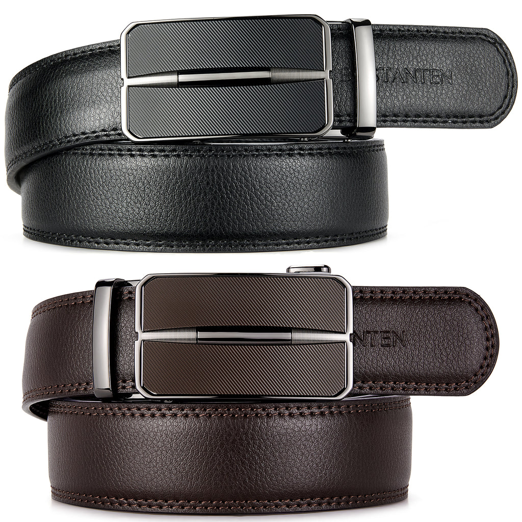 Leather Ratchet Slide Belt with Click Buckle - Adjustable Trim to