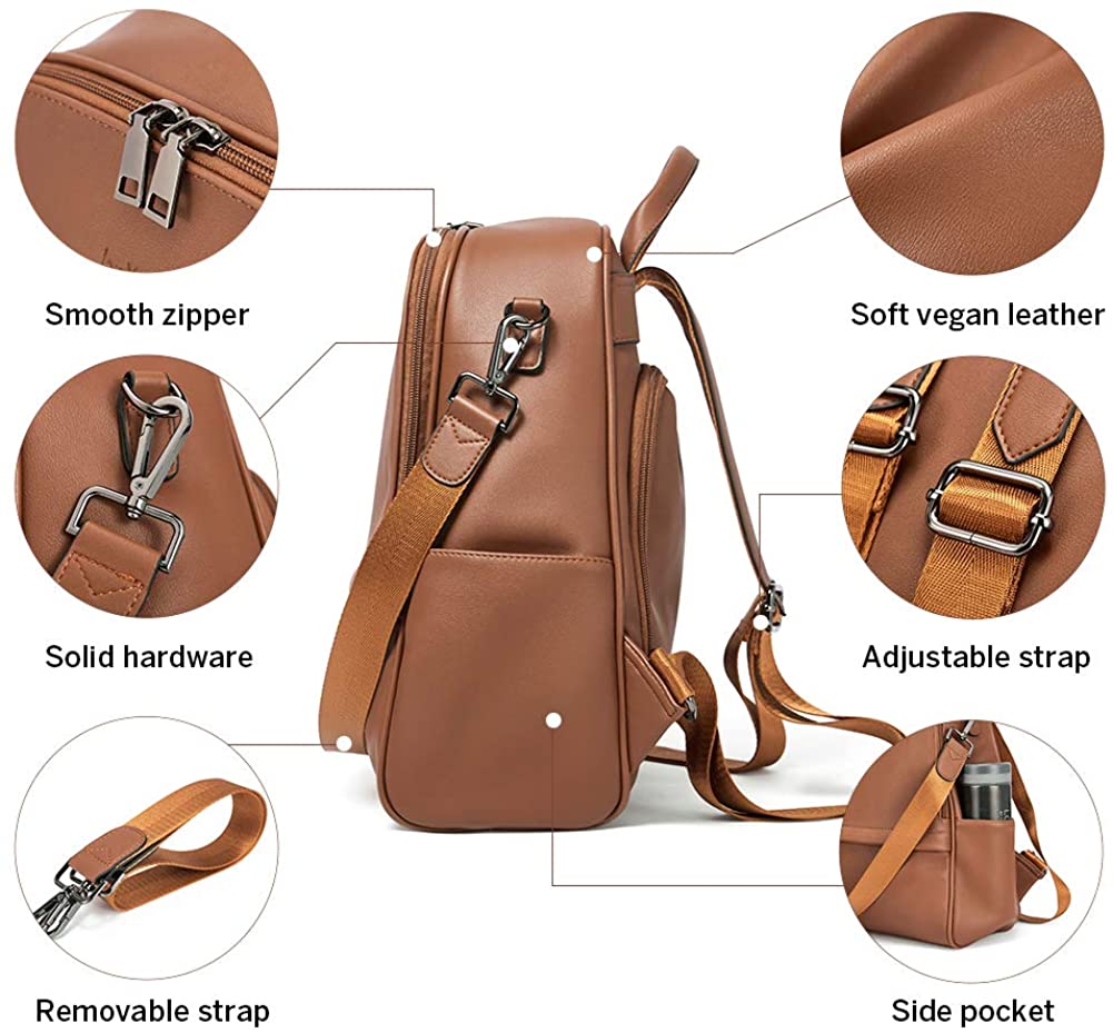 Women Vegan Leather Backpack Purse Fashion Travel Backpack with Convertible Shoulder Strap | Cluci, Brown