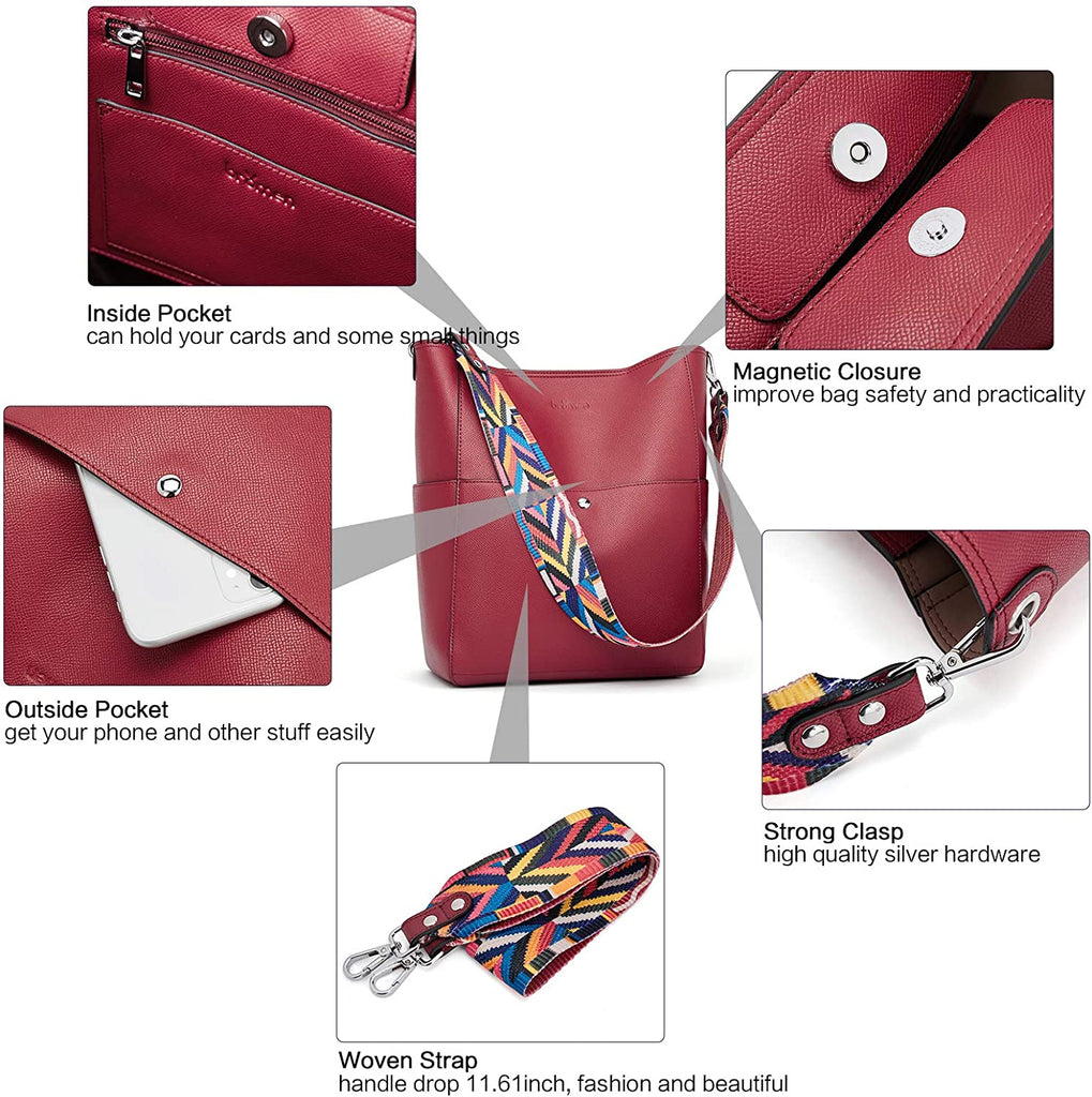 BROMEN Women Handbag Designer Vegan Leather Hobo Handbags Shoulder Bucket Crossbody  Purse, Color - red