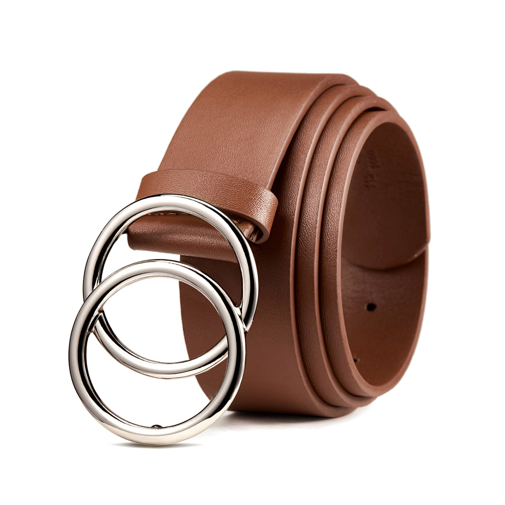 BROMEN Belt for Women Leather Belts for Dress Jeans Pants Waist Belt with Double O-Ring Buckle, Color - brown/silver