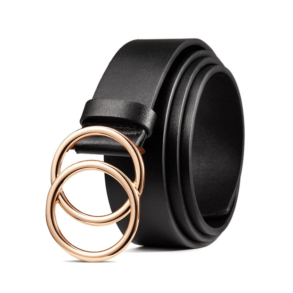 BROMEN Belt for Women Leather Belts for Dress Jeans Pants Waist Belt with Double O-Ring Buckle, Color - black/gold