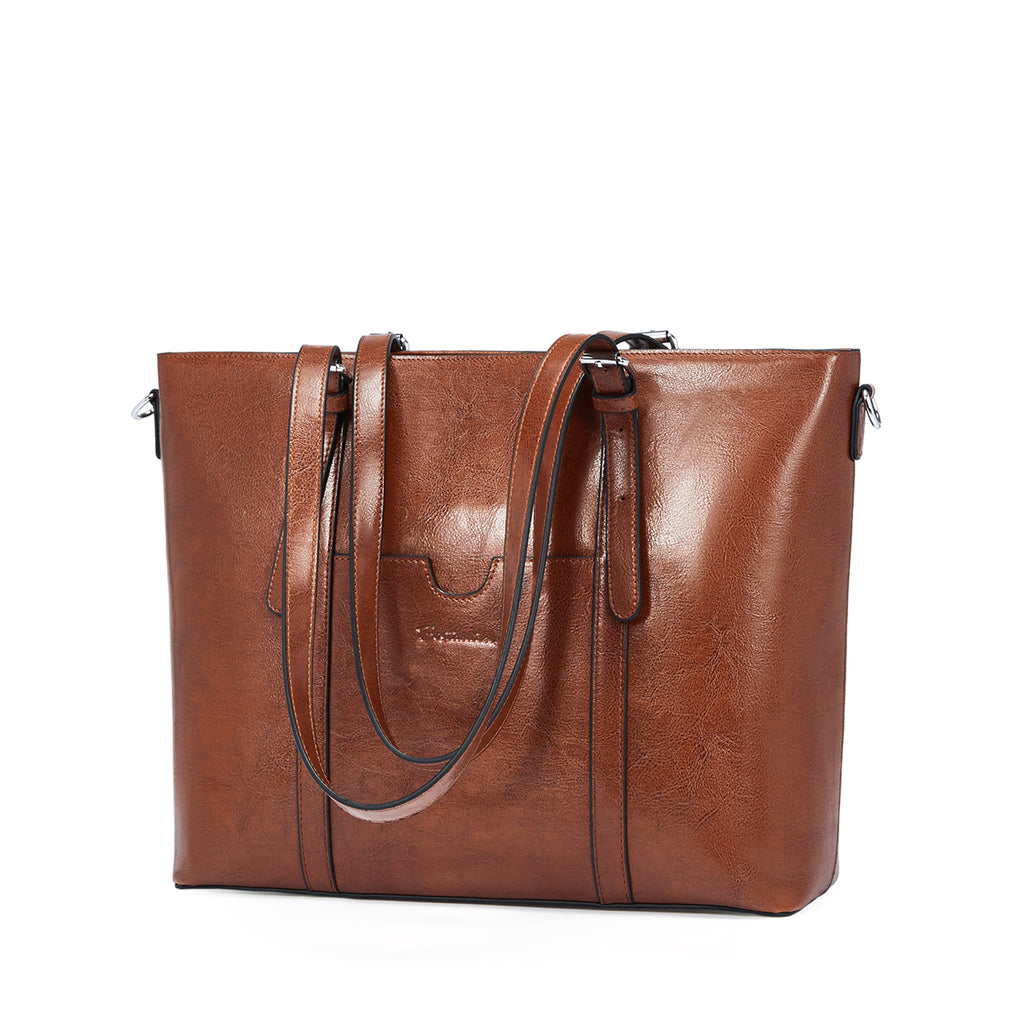 BROMEN Women Briefcase 15.6 inch Laptop Tote Bag Vintage Leather Handbags Shoulder Work Purses, Color - oil wax brown