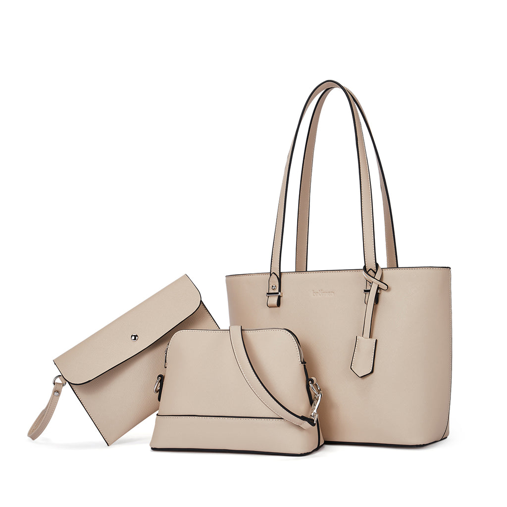 BROMEN Tote Purses for Women Designer Leather Handbag Shoulder Satchel Bag 3pcs Set, Color - Beige