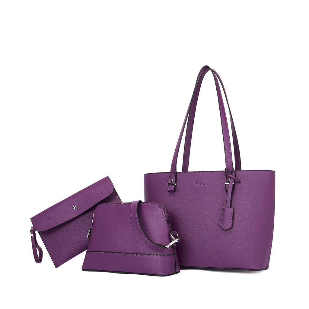 BROMEN Tote Purses for Women Designer Leather Handbag Shoulder Satchel Bag 3pcs Set, Color - Purple
