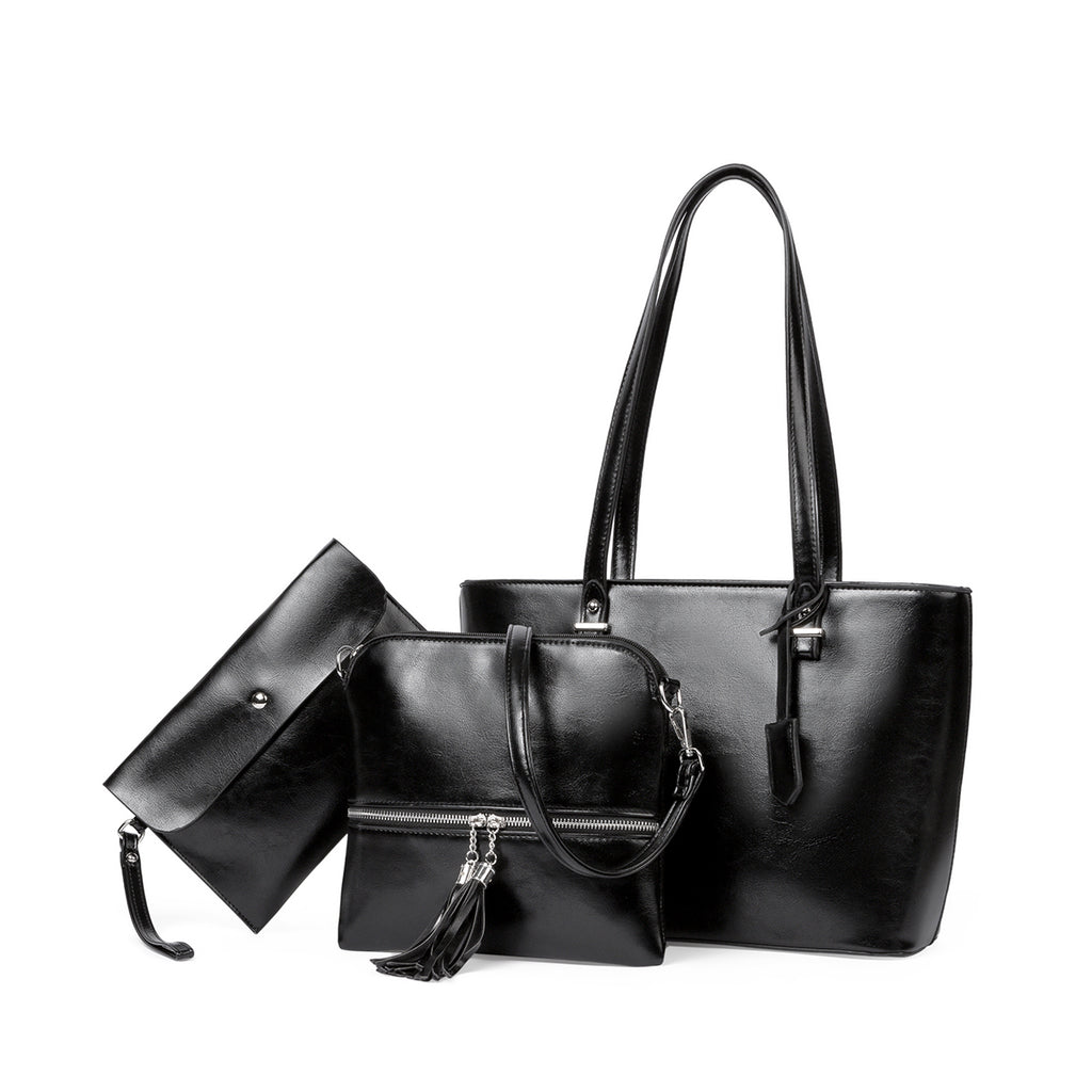 BROMEN Tote Purses for Women Designer Leather Handbag Shoulder Satchel Bag 3pcs Set, Color - Oil Wax Black