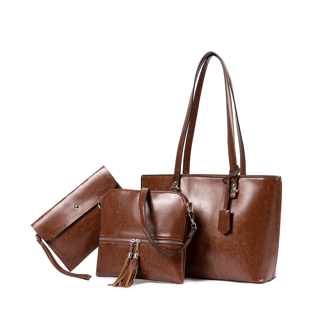 BROMEN Tote Purses for Women Designer Leather Handbag Shoulder Satchel Bag 3pcs Set, Color - Oil Wax Coffee
