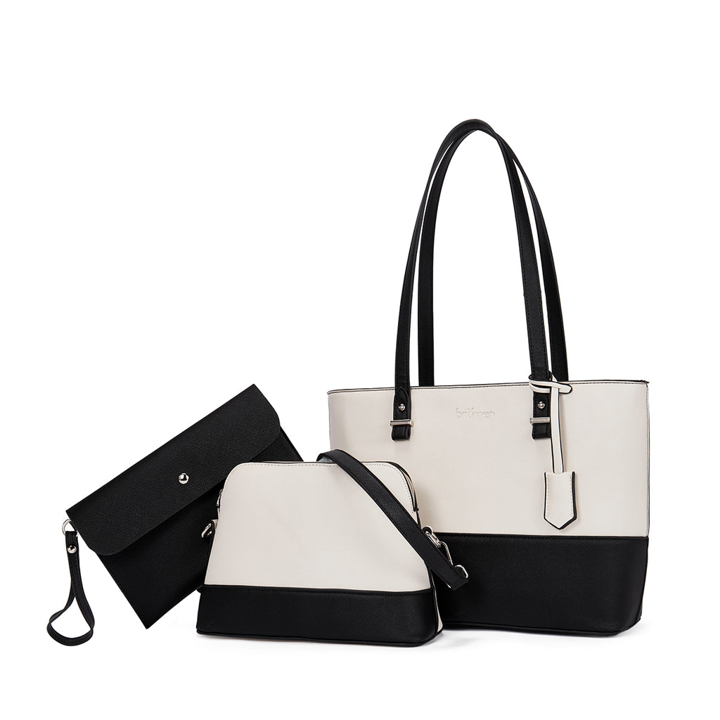 BROMEN Tote Purses for Women Designer Leather Handbag Shoulder Satchel Bag 3pcs Set, Color - Beige/Black